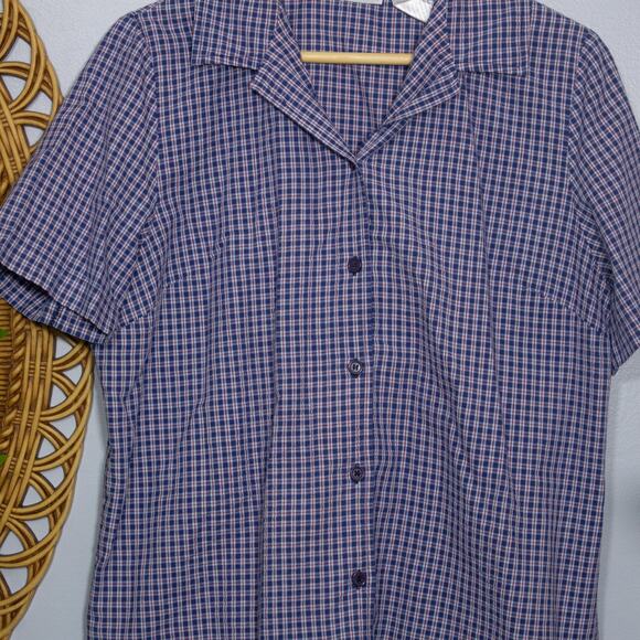 Vtg Red Blue Check Button Blouse Collared Short Sleeve Top L | True Summer - Picture 3 of 7